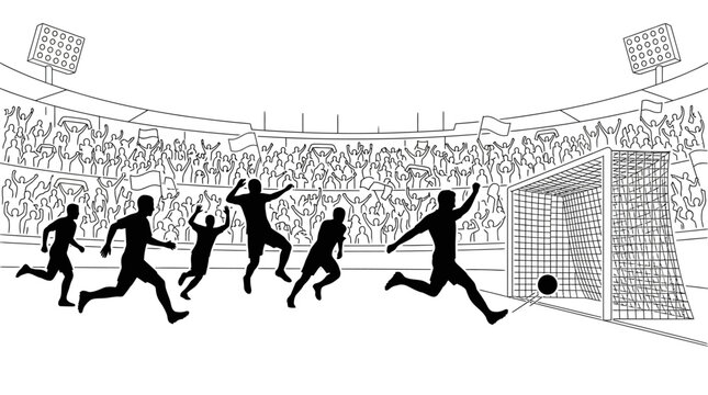 Silhouette illustration of soccer players scoring a goal in a match.