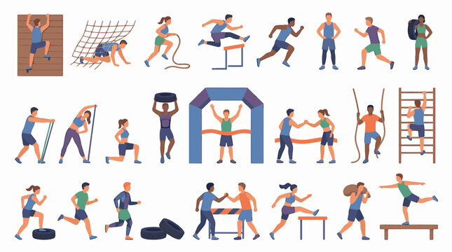 Set of 30 flat vector icons featuring various obstacles like hurdles, barriers, road cones, walls, and pits. Collection of different challenge and hindrance symbols.