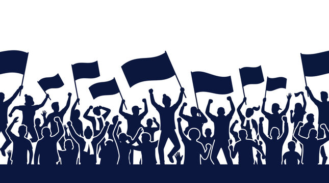 Silhouettes of cheering crowd with flags at a protest or celebration.