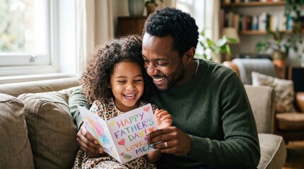 Obraz premium Happy Black father and young daughter reading handmade Father Day card together on couch at home, celebrating family love and bonding, authentic lifestyle portrait