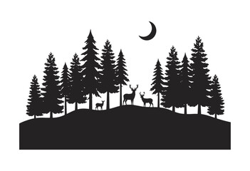 Obraz premium Forest silhouette with deer and pine trees. Christmas tree with reindeer and deer.