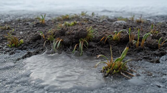 Macro shot of young green sprouts emerging from dark earth as ice melts, raindrops falling, symbolizing spring renewal and seasonal transition.