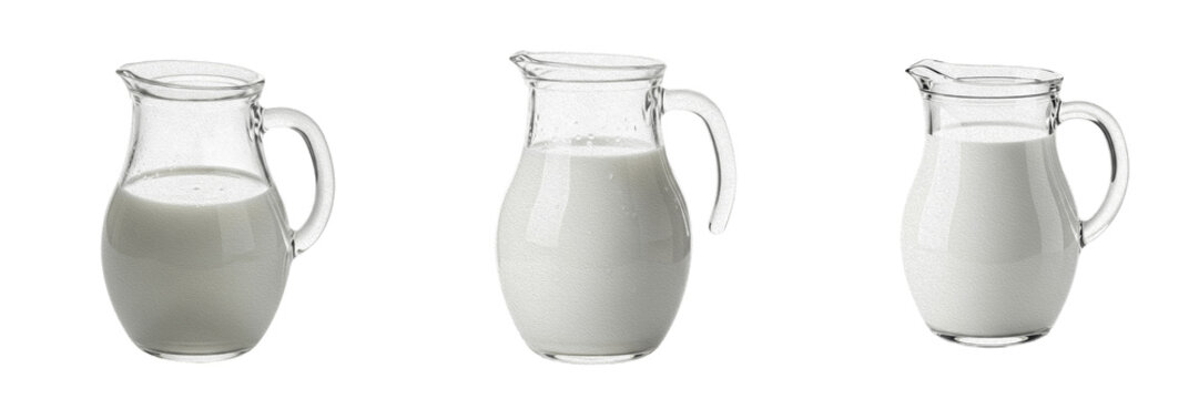 Set and collection of clear glass jug of fresh milk isolated on white background