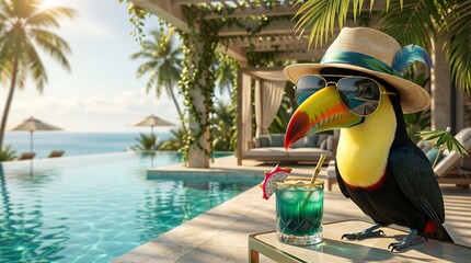 Fototapeta premium Toucan bird in sunglasses relaxing by luxury infinity pool