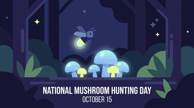National Mushroom Hunting Day Illustration with Glowing Fungi