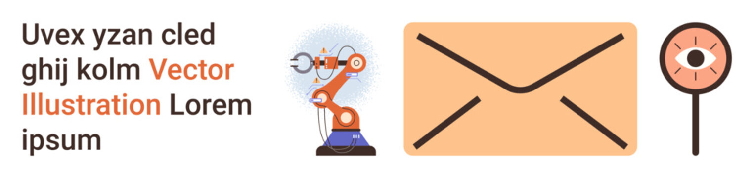 Automation, robotics, digital communication, data processing, email systems, metadata visualization. Robotic arm, envelope magnifier with eye. Automation and digital communication