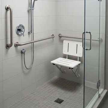 Accessible bathroom shower with grab bars and folding seat
