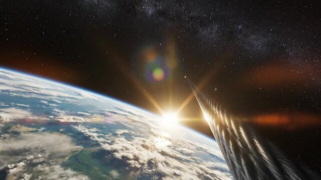 Space elevator tether stretching from Earth into orbit at sunrise. Cinematic view of planet earth with futuristic orbital infrastructure and starlight.