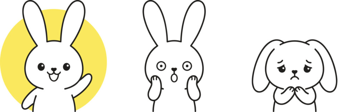 Cute bunny cartoon emotion set featuring happy surprised and sad rabbit character expressions illustration