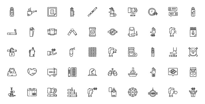 Quit smoking icon set. Minimalist vector icons pack. Featuring cigarette, vape, nicotine patch, smoke pipe, lighter, no smoking, lungs, medicine, calendar, and more. Editable vector stroke.