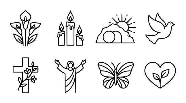 Easter Icons Set: Cross, Jesus, Dove, Tomb, Candles, Lily, Heart, Butterfly