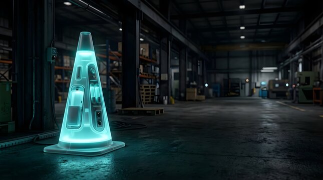 Futuristic glowing light cone standing in a dark manufacturing warehouse