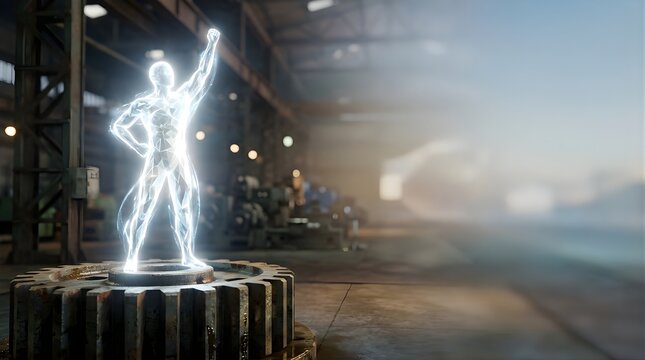 Glowing hologram of a human figure standing on a metal gear in a factory