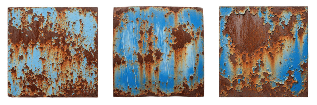 Set and collection of rusty blue metal texture surface isolated on white background