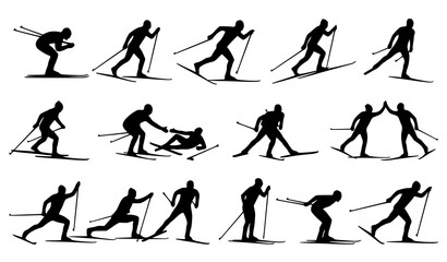 Naklejka premium Cross Country Skiing Silhouettes Vector Set with Dynamic Winter Sport Action and Teamwork Poses