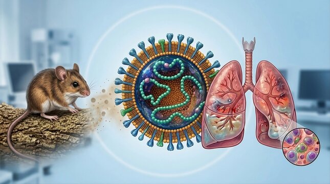 Conceptual medical illustration of Hantavirus cross-section structure, infected human lungs and deer mouse vector without text