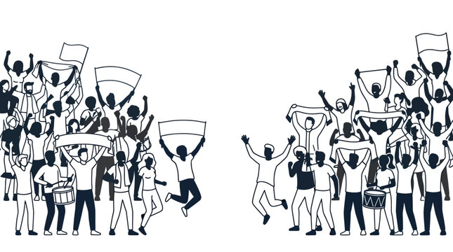 Sketch illustration of two cheering sports fan crowds facing each other.