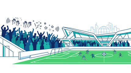 Stylized illustration of a soccer stadium with cheering fans and players on the pitch. © Bayu prakoso