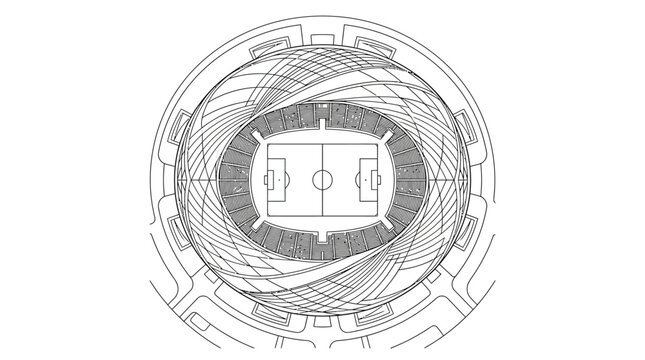 Top view technical blueprint of a modern circular football stadium.