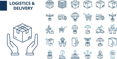 Naklejka premium Logistics And Delivery Line Icon Collection Vector Illustration Featuring Shipping Cargo Transportation Warehouse And Courier Services