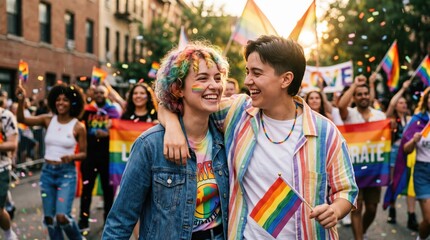 Fototapeta premium Happy young diverse couple celebrating LGBTQ pride parade outdoors, joyful queer friends holding rainbow flags, inclusive community love and equality concept, authentic candid portrait