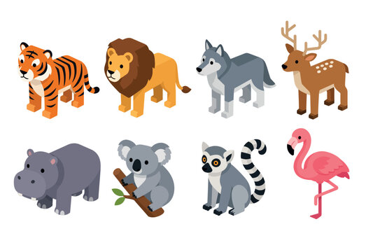 Cartoon animals in a row.