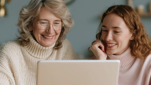 Elderly woman and granddaughter using laptop together home smiling while learning technology cozy interior sweater eyeglasses multigenerational