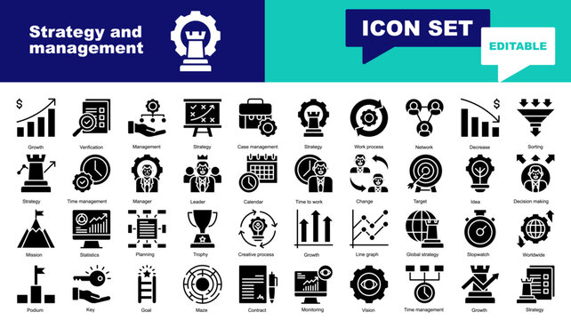 Strategy and management icon set. Vector icons for Strategy and management, Growth, Strategy, Case, Work process, Network, Decrease, Sorting, Time management, Manager, Leader, work
