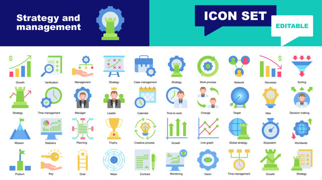 Strategy and management icon set. Vector icons for Strategy and management, Growth, Strategy, Case, Work process, Network, Decrease, Sorting, Time management, Manager, Leader, work
