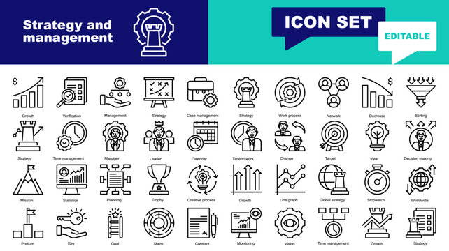 Strategy and management icon set. Vector icons for Strategy and management, Growth, Strategy, Case, Work process, Network, Decrease, Sorting, Time management, Manager, Leader, work