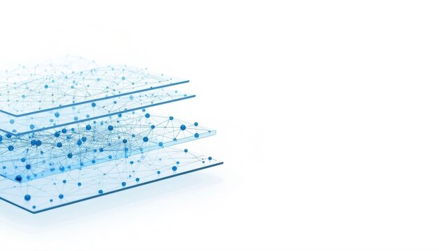 Abstract concept of layered data planes with scattered blue particles representing cloud computing information storage or digital network security white background big data abstract computing