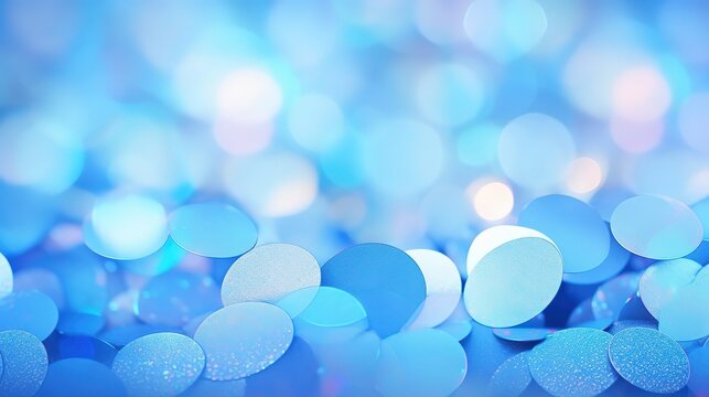 Close‑up soft out‑of‑focus blue sparkly bokeh backdrop with random overlapping circular light blue‑white highlights, subtle diffraction color hints, shimmering spots on dark blurred blue base