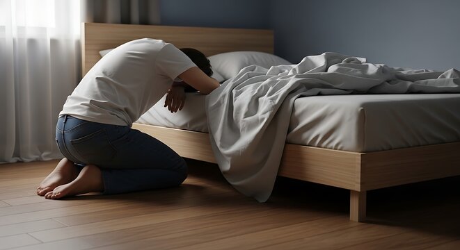 Distressed Man Kneeling by Bedside Struggling With Depression and Emotional Pain in Bedroom