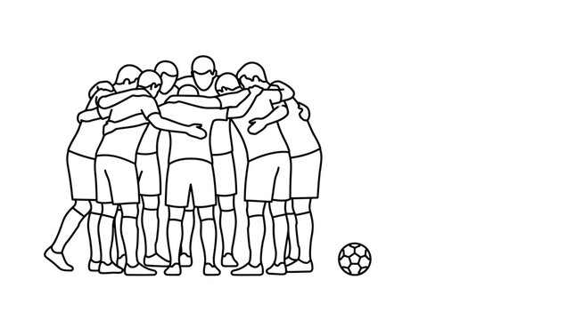 A group of soccer players huddled together in a team strategy circle.