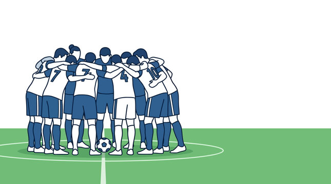 A group of soccer players huddled together in a team strategy meeting on the field.