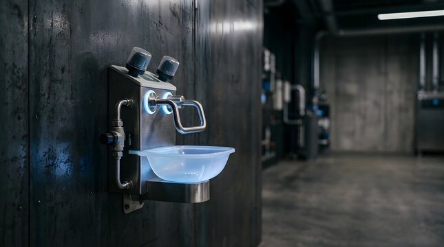 Wall-mounted emergency eyewash station for industrial facility safety