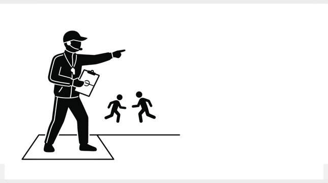 A line art illustration of a coach instructing young athletes during a sports practice session.