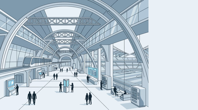 Architectural rendering of a modern railway station terminal interior.