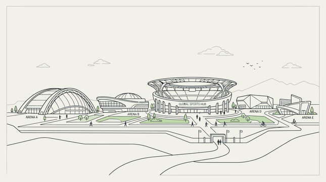Architectural sketch illustration of a modern sports stadium complex and surrounding landscape.