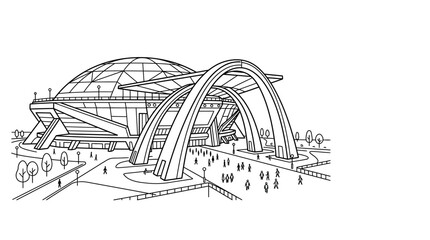 Architectural sketch of a modern stadium dome with arched entrance. © Ari ortega