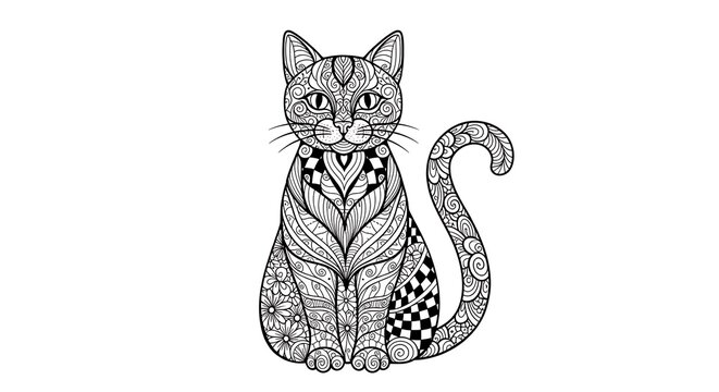 Decorative patterned sitting cat line art on white background