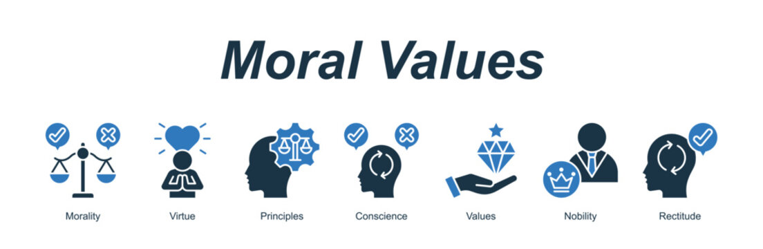 Moral Values web banner icon concept for with icon of Morality, Virtue, Principles, Conscience, Values, Nobility, Rectitude.