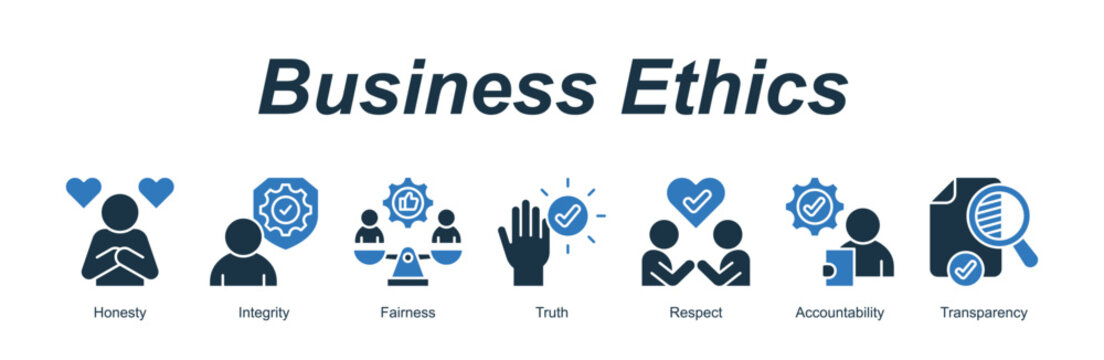 Business Ethics web banner icon concept for with icon of Honesty, Integrity, Fairness, Truth, Respect, Accountability, Trans.