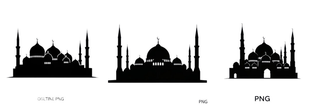 Set and collection of black silhouette of a mosque isolated on white background