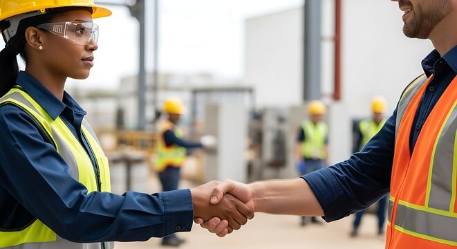 Two construction workers in hard hats and vests shake hands