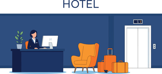 Hotel reception interior illustration with receptionist elevator luggage and modern hospitality lobby vector design scene © Bappi