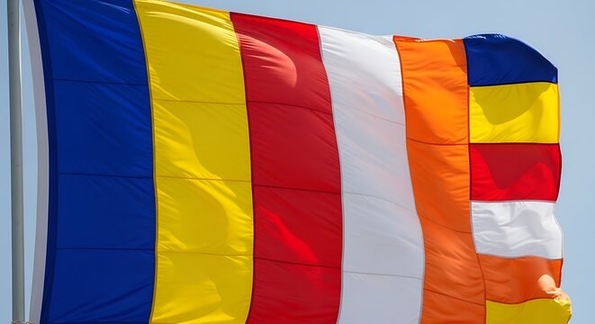 Waving Buddhist flag in bright sunlight against blue sky