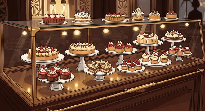 Variety of sweet desserts on display.