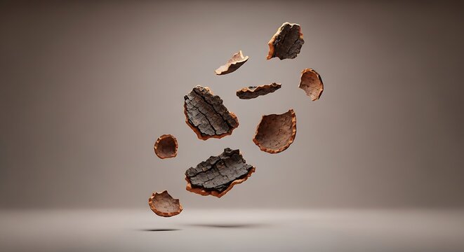 Buckthorn bark pieces floating in mid-air against a neutral studio background to represent organic natural textures and sustainable herbal supplement beauty