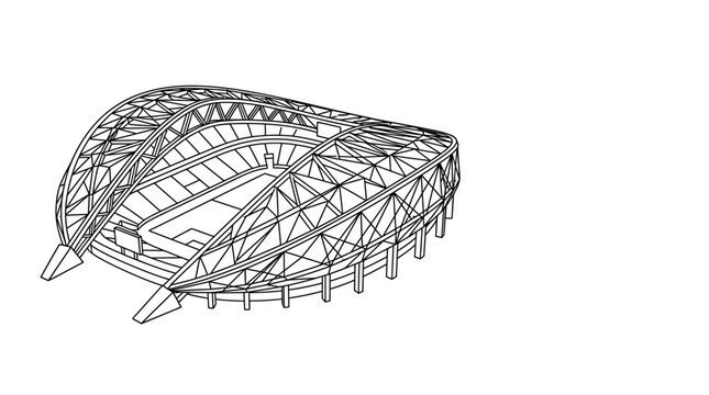 Architectural wireframe sketch of a modern stadium structure.